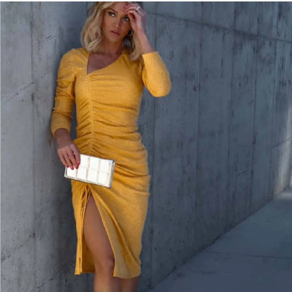 Vici Asymmetrical Neck Ruched Midi Dress
